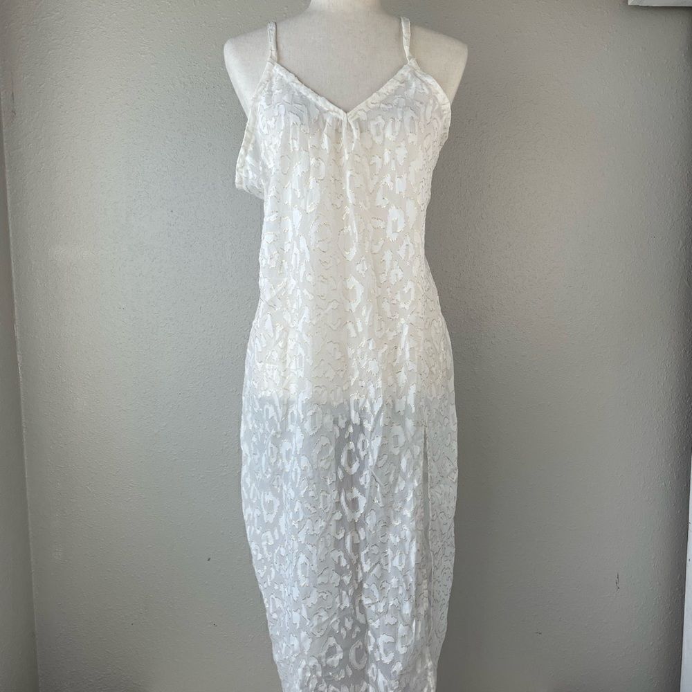 NWT Miken Swim Sheer White and Gold Metallic Swim Cover Up Dress Size L